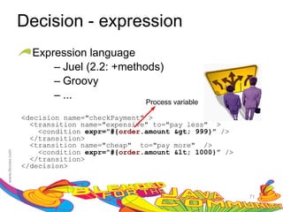 Decision - expression
  Expression language
      – Juel (2.2: +methods)
      – Groovy
      – ...
                             Process variable

<decision name="checkPayment" >
  <transition name="expensive" to="pay less" >
    <condition expr=”#{order.amount > 999}” />
  </transition>
  <transition name="cheap" to="pay more" />
    <condition expr=”#{order.amount < 1000}” />
  </transition>
</decision>



                                                     71
 