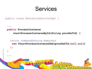 Services
public class ExecutionServiceImpl {

...
public ProcessInstance
    startProcessInstanceById(String procDefId) {

   return commandService.execute(
    new StartProcessInstanceCmd(procDefId,null,null)
   );
}
...
 