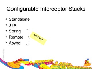 Configurable Interceptor Stacks
•   Standalone
•   JTA
•   Spring
                 inc
•   Remote           ub
                       ati
                          on

•   Async
 