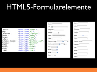 HTML5-Formularelemente

Search:           <input   type="search">
URL:              <input   type="url">
Telephone:        <input   type="telephone">
Number:           <input   type="number">
Range:            <input   type="range">
Color:            <input   type="color">
Datetime Local:   <input   type="datetime-local">
Datetime:         <input   type="datetime">
Date:             <input   type="date">
Month:            <input   type="month">
Week:             <input   type="week">
Time:             <input   type="time">
 