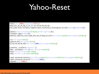 Yahoo-Reset
             html{color:#000;background:#FFF;}
             body,div,dl,dt,dd,ul,ol,li,h1,h2,h3,h4,h5,h6,
             pre,code,form,fieldset,legend,input,textarea,p,blockquote,th,td{margin:0;padding:0;}

             table{border-collapse:collapse;border-spacing:0;}
             fieldset,img{border:0;}
             address,caption,cite,code,dfn,em,strong,th,var{font-style:normal;font-weight:normal;}

             li{list-style:none;}
             caption,th{text-align:left;}
             h1,h2,h3,h4,h5,h6{font-size:100%;font-weight:normal;}

             q:before, q:after{content:'';}
             abbr, acronym{border:0;font-variant:normal;}
             sup{vertical-align:text-top;}
             sub{vertical-align:text-bottom;}

             input,textarea,select{font-family:inherit;font-size:inherit;font-weight:inherit;}
             input,textarea,select{*font-size:100%;}
             legend{color:#000;}




http://developer.yahoo.com/yui/3/cssreset/
 