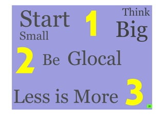 Start

Think

Big

Small

Be

Glocal

Less is More
20

20

 