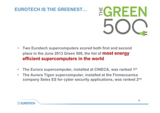 EUROTECH IS THE GREENEST…

•

Two Eurotech supercomputers scored both first and second
place in the June 2013 Green 500, t...