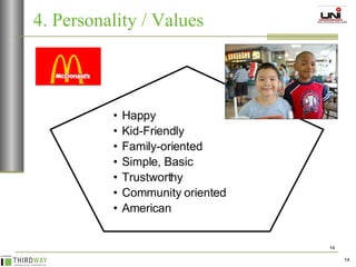4. Personality / Values Happy Kid-Friendly Family-oriented Simple, Basic Trustworthy Community oriented American 