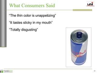 “ The thin color is unappetizing” “ It tastes sticky in my mouth” “ Totally disgusting” What Consumers Said 