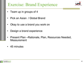 Team up in groups of 4 Pick an Asian  / Global Brand  Okay to use a brand you work on Design a brand experience Present Plan –Rationale, Plan, Resources Needed, Measurement 45 minutes Exercise: Brand Experience  