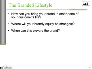 How can you bring your brand to other parts of your customer’s life? Where will your brandy equity be strongest? When can this elevate the brand? The Branded Lifestyle 