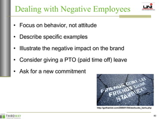 Focus on behavior, not attitude Describe specific examples Illustrate the negative impact on the brand Consider giving a PTO (paid time off) leave Ask for a new commitment Dealing with Negative Employees http://gothamist.com/2008/01/04/starbucks_baris.php 