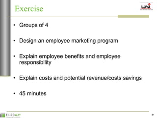 Groups of 4 Design an employee marketing program Explain employee benefits and employee responsibility Explain costs and potential revenue/costs savings 45 minutes Exercise 