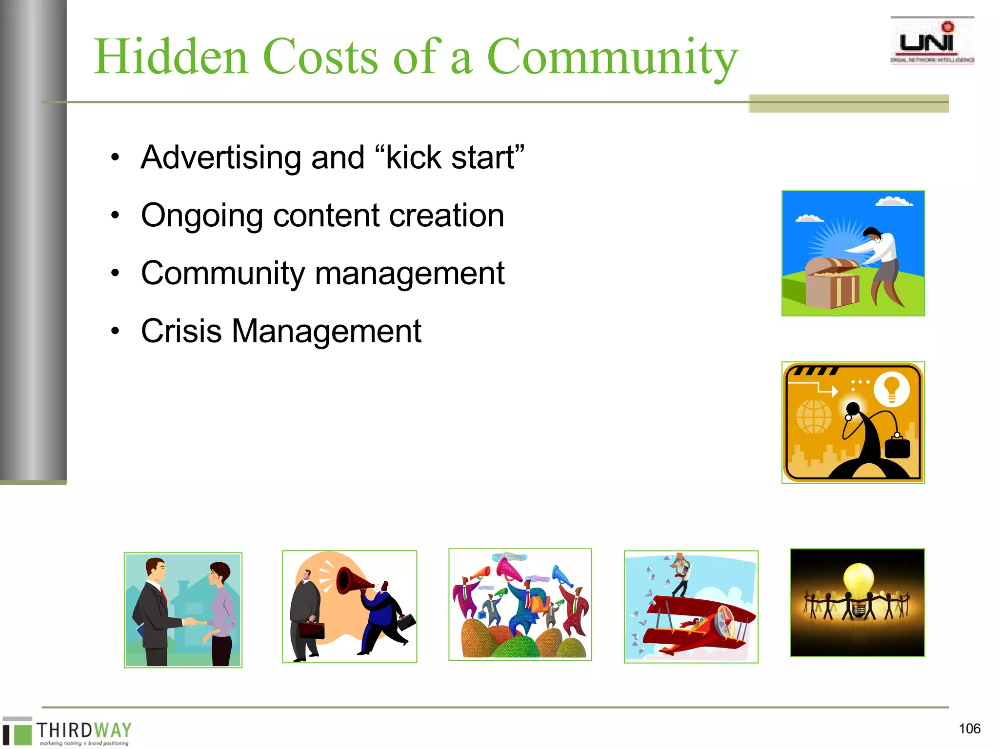 Hidden Costs of a Community  Advertising and “kick start” Ongoing content creation Community management Crisis Management 