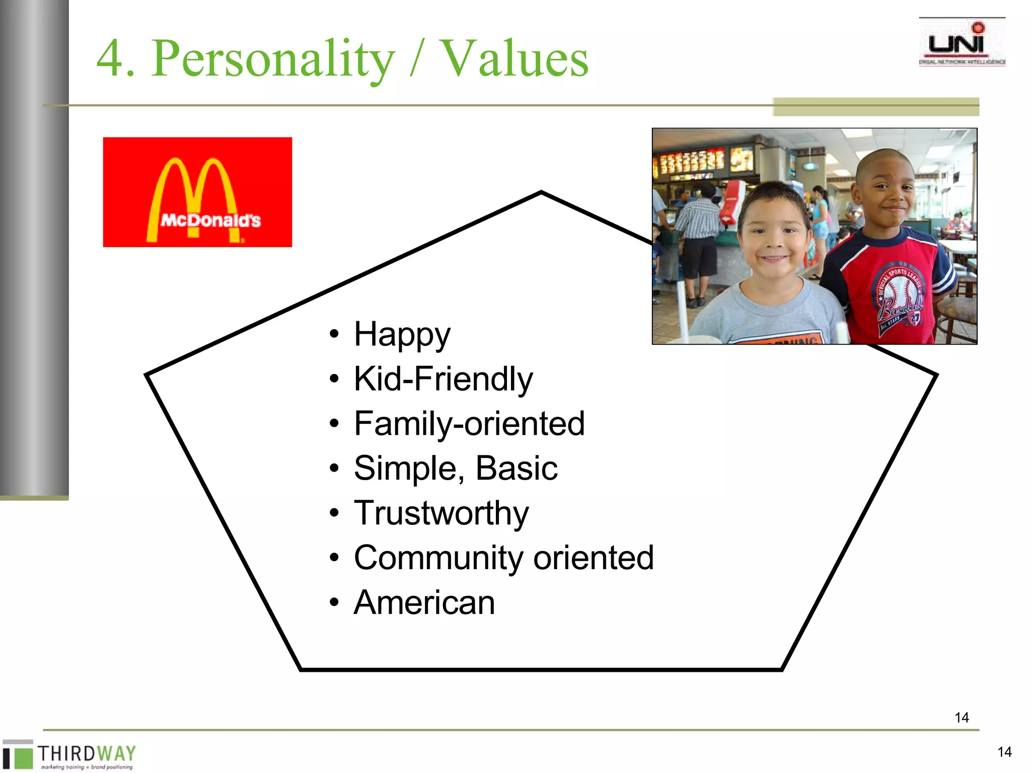 4. Personality / Values Happy Kid-Friendly Family-oriented Simple, Basic Trustworthy Community oriented American 