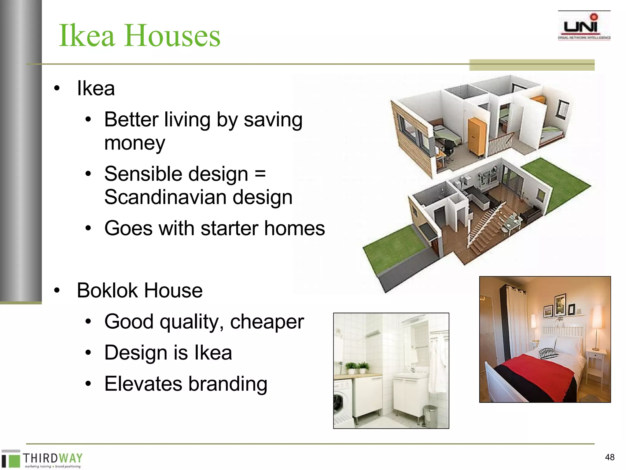 Ikea Better living by saving money Sensible design = Scandinavian design Goes with starter homes Boklok House Good quality, cheaper Design is Ikea Elevates branding Ikea Houses 