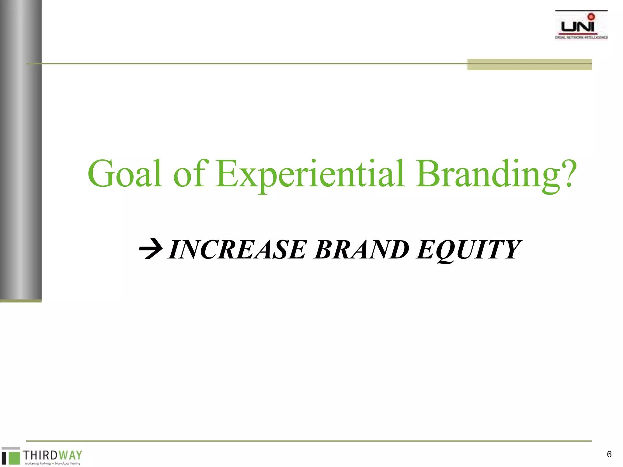 Goal of Experiential Branding?    INCREASE BRAND EQUITY 