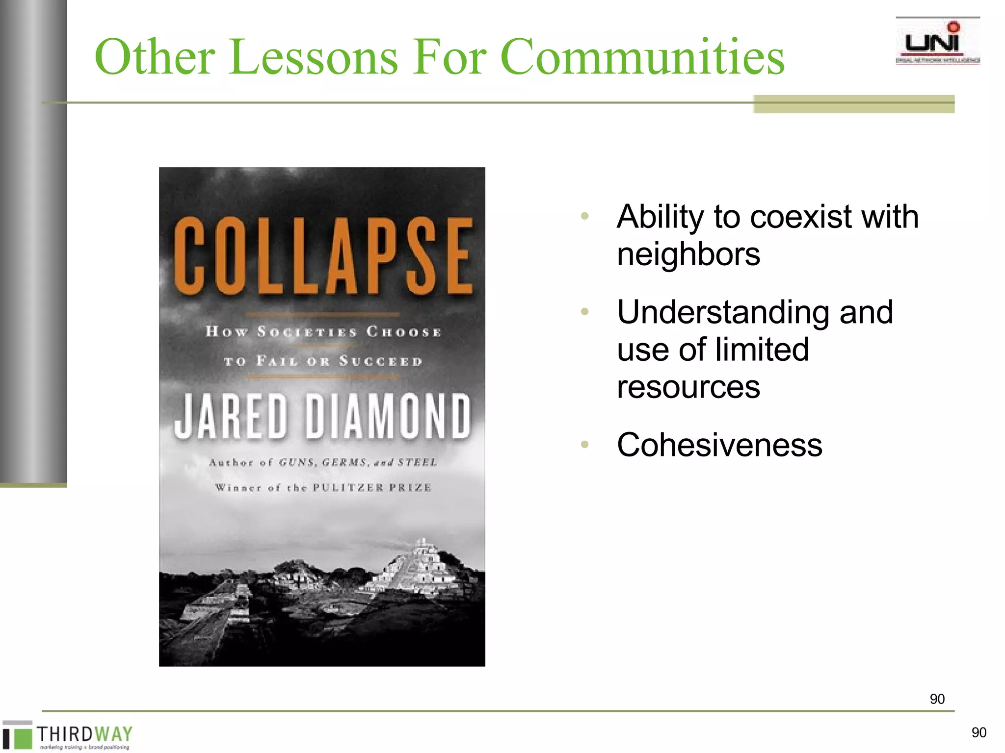 Other Lessons For Communities Ability to coexist with neighbors Understanding and use of limited resources Cohesiveness 