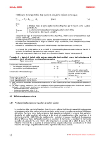 UNI abc 00000                                                                                                                    E02069983



           Il fabbisogno di energia elettrica degli ausiliari di produzione si calcola come segue:

           Qaux,gn,k = Fk × ΦΣaux,gn,n × hk                           [kWh]                                                       (14)

           dove:
           Fk                 è il fattore medio di carico della macchina frigorifera per il mese k-esimo (vedere
                              punto 5.5.1);
           ΦΣaux,gn,n         è la potenza nominale della somma degli ausiliari esterni [kW];
           hk                 è il numero di ore del mese k-esimo [h].

           A seconda del tipo di condensatore della macchina frigorifera, i fabbisogni di energia elettrica degli
           ausiliari esterni Qaux,gn sono dati:
      -    in unità di produzione con condensazione ad aria, dall’elettroventilatore del condensatore;
      -    in sistemi con condensazione ad acqua di falda od acqua superficiale, dalla pompa di circolazione
           dell’acqua nel condensatore;
      -    in sistemi di condensazione evaporativi, dal ventilatore e dall’elettropompa di circolazione.

           Le potenze dei motori elettrici e le modalità di funzionamento possono essere ottenute da dati di
           progetto, da dati forniti dal costruttore o da misure in campo.
           Qualora le potenze non siano note si può fare riferimento ai valori riportati nel prospetto 9.

Prospetto 9 – Valori di default della potenza assorbita dagli ausiliari esterni del sottosistema di
produzione, riferiti alla potenza termica del condensatore
                   Tipo di componente                                          Potenza elettrica specifica [W/kW]
                                                                      Elettroventilatori                   Elettropompe
Condensatori raffreddati ad ariaa):
-   con ventilatori elicoidali non canalizzati                            20 - 40                                    -
-   con ventilatori centrifughi canalizzati                               40 - 60
                                                                                                  Dati variabili in relazione alle
Condensatori raffreddati ad acqua                                             -                   condizioni al contorno (dislivelli
                                                                                                  di quota, modalità di presa,
                                                                                                  filtraggio, ecc.)
Condensatori evaporativia):                                               15 - 16                                 3,5 - 4
Torri di raffreddamento a circuito apertob)                                                  12 - 14
Torri di raffreddamento a circuito chiusob)                               10 - 12                               1,3 - 1,5
a) Valori indicativi con differenza di temperatura tra condensazione ed aria in ingresso pari a 15 K e sottoraffreddamento del liquido di
   (8-9) K.
b) Dati riferiti al campo di potenze (50 – 600) kW. Viene fornito un dato complessivo medio orientativo data l’influenza della pressione
   degli ugelli e della differenza di quota tra rampa ugelli e bacino di raccolta acqua. I dati sono riferiti a:
   - temperatura dell’acqua in ingresso 34 °C;
   - temperatura dell’acqua in uscita 29 °C;
   - temperatura di bulbo umido dell’aria 24 °C.


5.5       Efficienza di generazione


5.5.1 Prestazioni delle macchine frigorifere ai carichi parziali


          Le prestazioni delle macchine frigorifere dipendono non solo dai livelli termici operativi (condensazione
          ed evaporazione) e della configurazione impiantistica scelta, ma anche dall’andamento del fabbisogno
          dell’edificio. Per tener conto della variazione degli assorbimenti elettrici in funzione delle variazioni
          climatiche e/o delle condizioni al contorno e del grado di parzializzazione della macchina, si fa
          riferimento al prEN 14825:2008, che stabilisce che i costruttori forniscano i coefficienti di prestazione
          (Energy Efficiency Ratio- EER) delle macchine in condizioni di riferimento. Le condizioni di riferimento,
          riportate nel prospetto 10, sono relative alle temperature di esercizio ed ai fattori di carico F, che
          indicano il rapporto tra la quantità di energia termica erogata nel periodo considerato ed il valore
          massimo dell’energia erogabile dalla macchina frigorifera nello stesso periodo.




12                                                                                               © UNI – Ente Nazionale Italiano di Unificazione
 