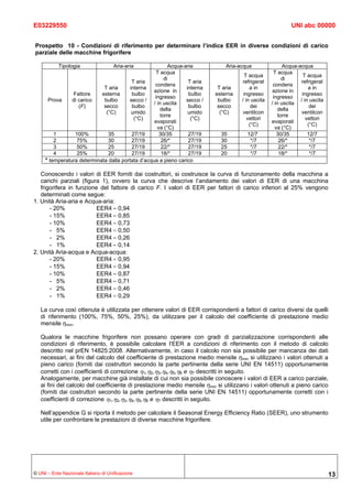 E03229550                                                                                                    UNI abc 00000


Prospetto 10 - Condizioni di riferimento per determinare l’indice EER in diverse condizioni di carico
parziale delle macchine frigorifere

           Tipologia                 Aria-aria             Acqua-aria           Aria-acqua                Acqua-acqua
                                                    T acqua                                          T acqua
                                                                                       T acqua                    T acqua
                                                         di                                               di
                                          T aria                   T aria             refrigerat                 refrigerat
                                                    condens                                          condens
                             T aria      interna                  interna    T aria       a in                       a in
                                                   azione in                                        azione in
                Fattore     esterna       bulbo                    bulbo    esterna    ingresso                   ingresso
                                                    ingresso                                         ingresso
      Prova     di carico    bulbo      secco /                   secco /    bulbo    / in uscita                / in uscita
                                                   / in uscita                                      / in uscita
                   (F)       secco        bulbo                    bulbo     secco         dei                        dei
                                                      della                                            della
                              (°C)        umido                    umido      (°C)    ventilcon                   ventilcon
                                                       torre                                            torre
                                           (°C)                     (°C)                 vettori                    vettori
                                                   evaporati                                        evaporati
                                                                                          (°C)                       (°C)
                                                     va (°C)                                          va (°C)
         1       100%          35         27/19       30/35        27/19      35        12/7           30/35         12/7
         2        75%          30         27/19         26/*       27/19      30         */7             26/*         */7
         3        50%          25         27/19         22/*       27/19      25         */7             22/*         */7
         4        25%          20         27/19         18/*       27/19      20         */7             18/*         */7
     * temperatura determinata dalla portata d’acqua a pieno carico

   Conoscendo i valori di EER forniti dai costruttori, si costruisce la curva di funzionamento della macchina a
   carichi parziali (figura 1), ovvero la curva che descrive l’andamento dei valori di EER di una macchina
   frigorifera in funzione del fattore di carico F. I valori di EER per fattori di carico inferiori al 25% vengono
   determinati come segue:
1. Unità Aria-aria e Acqua-aria:
       - 20%              EER4 = 0,94
       - 15%              EER4 = 0,85
       - 10%              EER4 = 0,73
       - 5%               EER4 = 0,50
       - 2%               EER4 = 0,26
       - 1%               EER4 = 0,14
2. Unità Aria-acqua e Acqua-acqua:
       - 20%              EER4 = 0,95
       - 15%              EER4 = 0,94
       - 10%              EER4 = 0,87
       - 5%               EER4 = 0,71
       - 2%               EER4 = 0,46
       - 1%               EER4 = 0,29

   La curva così ottenuta è utilizzata per ottenere valori di EER corrispondenti a fattori di carico diversi da quelli
   di riferimento (100%, 75%, 50%, 25%), da utilizzare per il calcolo del coefficiente di prestazione medio
   mensile ηmm.

   Qualora le macchine frigorifere non possano operare con gradi di parzializzazione corrispondenti alle
   condizioni di riferimento, è possibile calcolare l’EER a condizioni di riferimento con il metodo di calcolo
   descritto nel prEN 14825:2008. Alternativamente, in caso il calcolo non sia possibile per mancanza dei dati
   necessari, ai fini del calcolo del coefficiente di prestazione medio mensile ηmm si utilizzano i valori ottenuti a
   pieno carico (forniti dai costruttori secondo la parte pertinente della serie UNI EN 14511) opportunamente
   corretti con i coefficienti di correzione η1,η2,η3,η4,η5,η6 e η7 descritti in seguito.
   Analogamente, per macchine già installate di cui non sia possibile conoscere i valori di EER a carico parziale,
   ai fini del calcolo del coefficiente di prestazione medio mensile ηmm si utilizzano i valori ottenuti a pieno carico
   (forniti dai costruttori secondo la parte pertinente della serie UNI EN 14511) opportunamente corretti con i
   coefficienti di correzione η1,η2,η3,η4,η5,η6 e η7 descritti in seguito.

   Nell’appendice G si riporta il metodo per calcolare il Seasonal Energy Efficiency Ratio (SEER), uno strumento
   utile per confrontare le prestazioni di diverse macchine frigorifere.




© UNI – Ente Nazionale Italiano di Unificazione                                                                                13
 