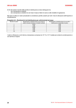 UNI abc 00000                                                                                                     E02069983


Ai fini del calcolo mensile delle perdite di distribuzione si deve distinguere tra:
  - reti a temperatura costante;
  - reti a temperatura variabile nei vari mesi in base ai fattori di carico e alle modalità di regolazione.

Nel caso di utilizzo di valori precalcolati si considerano perdite costanti per tutti i mesi di attivazione dell’impianto di
climatizzazione.

Prospetto A.9 – Rendimenti di reti distribuzione per unità terminali ad acqua
     Numero di piani         Rendimento di distribuzione di una rete ad        Rendimento di distribuzione di una rete a
                             anello nel piano terreno e montanti verticali        distribuzione orizzontale di piano
           1                                    0,975                                            0,98
           2                                     0,98                                            0,98
           3                                    0,985                                            0,98
           4                                     0,99                                            0,99
           5                                     0,99                                            0,99
           >5                                    0,99                                            0,99


I valori si riferiscono a reti interne a temperatura compresa tra 10 °C e 15 °C isolate per evitare la condensazione e
con barriera di vapore.




24                                                                                 © UNI – Ente Nazionale Italiano di Unificazione
 