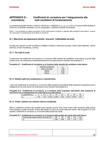 E03229550                                                                                                          UNI abc 00000




APPENDICE D -                          Coefficienti di correzione per l’adeguamento alle
 (normativa)                            reali condizioni di funzionamento

La presente appendice illustra i metodi di calcolo per i coefficienti η2, η3, η4, η5, η6 ed η7 in funzione della tipologia di
macchina. È possibile interpolare, ma non estrapolare, i coefficienti riportati nei prospetti.

NOTA - L’uso di batterie con alette pre-rivestite con film anticorrosione comporta un degrado delle prestazioni trascurabile e pertanto
non viene preso in considerazione come fattore di correzione.



D.1 Macchine ad espansione diretta “aria-aria” (raffreddate ad aria)


Si tratta per esempio di unità monoblocco installate a finestra o attraverso la parete, sistemi split trasferibili, sistemi
split fissi, armadi monoblocco, roof-top.

D.1.1 Per tutte le unità


L’andamento del coefficiente di correzione η2 in funzione della velocità del ventilatore unità interna (e quindi della
portata d’aria, che influenza la temperatura/pressione di evaporazione) è riportato nel prospetto D.1.

Prospetto D.1 - Coefficiente di correzione η2 in funzione della velocità del ventilatore unità interna
                                       Velocità ventilatore         η2
                                         Alta (nominale)           1,00
                                              Media                0,99
                                              Bassa                0,98


D.1.2 Sistemi split con compressore a velocità fissa


I valori del coefficiente di correzione η3 in funzione della lunghezza equivalente della tubazione di aspirazione per il
collegamento fra unità interna ed unità esterna sono riportati nel prospetto D.2.

Prospetto D.2 - Coefficiente di correzione η3 in funzione della lunghezza equivalente della tubazione di
aspirazione per il collegamento fra unità interna ed unità esterna
               Lunghezza [m]         3      7,5    10      15      20 30     40      50
               η3                  1,04    1,00 0,975 0,955 0,94 0,915 0,875 0,81

D.1.3 Unità o sistemi con sezione interna canalizzata


Oltre ai coefficienti correttivi dei prospetti sopra riportati occorre tener conto anche della variazione della portata
d’aria rispetto a quella nominale, dovuta alle perdite di carico dei canali dell’unità interna. Nel prospetto D.3 sono
riportati i coefficienti di correzione η4 in funzione della portata dei canali.

Prospetto D.3 - Coefficiente di correzione η4 in funzione della portata dei canali dell’unità interna
                 Percentuale della portata nominale [%]    80      90      100     110     120
                 η4                                       0,96    0,98    1,00     1,02 1,03




© UNI – Ente Nazionale Italiano di Unificazione                                                                                    31
 