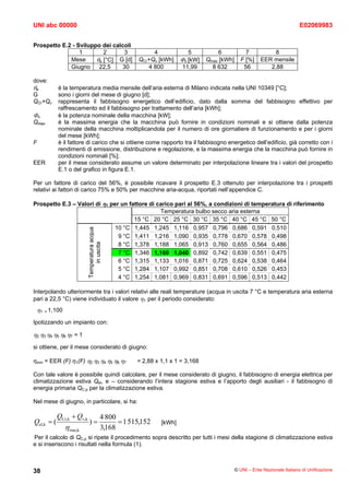 UNI abc 00000                                                                                                                E02069983


Prospetto E.2 - Sviluppo dei calcoli
                 1        2      3                          4            5           6            7            8
             Mese      θe [°C] G [d]                   QCr+Qν [kWh]    Φn [kW]   Qmax [kWh]     F [%]     EER mensile
             Giugno     22,5     30                       4 800        11,99       8 632         56          2,88

dove:
θe          è la temperatura media mensile dell’aria esterna di Milano indicata nella UNI 10349 [°C];
G           sono i giorni del mese di giugno [d];
QCr+Qν      rappresenta il fabbisogno energetico dell’edificio, dato dalla somma del fabbisogno effettivo per
            raffrescamento ed il fabbisogno per trattamento dell’aria [kWh];
Φn          è la potenza nominale della macchina [kW];
Qmax        è la massima energia che la macchina può fornire in condizioni nominali e si ottiene dalla potenza
            nominale della macchina moltiplicandola per il numero di ore giornaliere di funzionamento e per i giorni
            del mese [kWh];
F           è il fattore di carico che si ottiene come rapporto tra il fabbisogno energetico dell’edificio, già corretto con i
            rendimenti di emissione, distribuzione e regolazione, e la massima energia che la macchina può fornire in
            condizioni nominali [%];
EER         per il mese considerato assume un valore determinato per interpolazione lineare tra i valori del prospetto
            E.1 o del grafico in figura E.1.

Per un fattore di carico del 56%, è possibile ricavare il prospetto E.3 ottenuto per interpolazione tra i prospetti
relativi ai fattori di carico 75% e 50% per macchine aria-acqua, riportati nell’appendice C.

Prospetto E.3 – Valori di η1 per un fattore di carico pari al 56%, a condizioni di temperatura di riferimento
                                                Temperatura bulbo secco aria esterna
                                      15 °C 20 °C 25 °C 30 °C 35 °C 40 °C 45 °C 50 °C
                               10 °C 1,445 1,245 1,116 0,957 0,796 0,686 0,591 0,510
                           Temperatura acqua




                                9 °C 1,411 1,216 1,090 0,935 0,778 0,670 0,578 0,498
                                8 °C 1,378 1,188 1,065 0,913 0,760 0,655 0,564 0,486
                               in uscita




                                7 °C 1,346 1,160 1,040 0,892 0,742 0,639 0,551 0,475
                                6 °C 1,315 1,133 1,016 0,871 0,725 0,624 0,538 0,464
                                5 °C 1,284 1,107 0,992 0,851 0,708 0,610 0,526 0,453
                                4 °C 1,254 1,081 0,969 0,831 0,691 0,596 0,513 0,442

Interpolando ulteriormente tra i valori relativi alle reali temperature (acqua in uscita 7 °C e temperatura aria esterna
pari a 22,5 °C) viene individuato il valore η1 per il periodo considerato:
 η1 = 1,100
Ipotizzando un impianto con:

η2 η3 η4 η5 η6 η7 = 1
si ottiene, per il mese considerato di giugno:

ηmm = EER (F) η1(F) η2 η3 η4 η5 η6 η7                 = 2,88 x 1,1 x 1 = 3,168

Con tale valore è possibile quindi calcolare, per il mese considerato di giugno, il fabbisogno di energia elettrica per
climatizzazione estiva Qel, e – considerando l’intera stagione estiva e l’apporto degli ausiliari - il fabbisogno di
energia primaria QC,p per la climatizzazione estiva.

Nel mese di giugno, in particolare, si ha:

            QCr,k + Qv,k                  4 800
Qel,k = (                   )=                  = 1 515,152    [kWh]
               η mm,k                     3,168
Per il calcolo di QC,p si ripete il procedimento sopra descritto per tutti i mesi della stagione di climatizzazione estiva
e si inseriscono i risultati nella formula (1).



38                                                                                            © UNI – Ente Nazionale Italiano di Unificazione
 