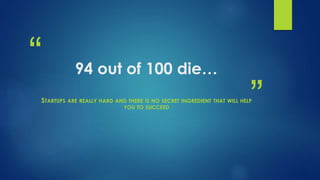 “
”
94 out of 100 die…
STARTUPS ARE REALLY HARD AND THERE IS NO SECRET INGREDIENT THAT WILL HELP
YOU TO SUCCEED
 