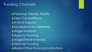 Funding Channels
Personal, Friends, Family
Idea Competitions
In Kind Support
Incubators/Accelerators
Angel Investors
Agency Funding
Angel/Small Investors
Venture Funding
Banks/Other Financial Institutions
 