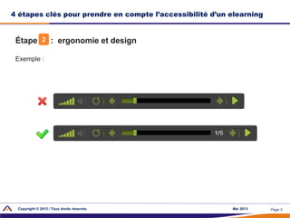 Page 5Copyright © 2013 / Tous droits réservés. Mai 2013
4 étapes clés pour prendre en compte l’accessibilité d’un elearning
Étape : ergonomie et design
Exemple :
2
 