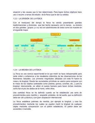 situación y las causas que lo han determinado. Para lograr dichos objetivos hace
uso o recurre a ramas de estudio de la física que le dan su solidez.
1.2.3 LA DIVISIÓN DE LA FÍSICA
Con el transcurso del tiempo la física ha venido presentando grandes
trasformaciones y divisiones que han hecho necesario, por lo menos, su división
en dos grandes grupos y a su vez en subdivisiones de estos como se muestra en
el siguiente mapa:
1.2.4 LA MEDIDA DE LA FÍSICA
La física es una ciencia experimental en la que medir se hace indispensable para
darle orden y coherencia a los resultados obtenidos de las observaciones de los
fenómenos naturales. Las primeras magnitudes utilizadas con este fin fueron la
masa y la longitud. Desde las sociedades primitivas se usaron para comparar con
la masa de los objetos cantidades como piedras, granos, conchas, etc., y para la
longitud, básicamente, se utilizó el cuerpo humano para hacer dichas medidas,
como fue el pie, los dedos de la mano, entre otros.
Una cantidad física se ha definido cuando se ha establecido una serie de
procedimientos para medirla y asignarle unidades, de tal suerte, que su definición
debe ser útil y práctica y con gran aceptación internacional.
La física establece patrones de medida, por ejemplo la longitud, y crea los
procedimientos mediante los cuales se pueden medir la longitud de cualquier
objeto mediante comparación con el patrón establecido. El patrón debe ser
accesible e invariable.
 