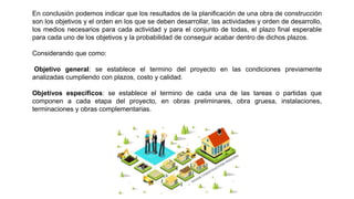 En conclusión podemos indicar que los resultados de la planificación de una obra de construcción
son los objetivos y el orden en los que se deben desarrollar, las actividades y orden de desarrollo,
los medios necesarios para cada actividad y para el conjunto de todas, el plazo final esperable
para cada uno de los objetivos y la probabilidad de conseguir acabar dentro de dichos plazos.
Considerando que como:
Objetivo general: se establece el termino del proyecto en las condiciones previamente
analizadas cumpliendo con plazos, costo y calidad.
Objetivos específicos: se establece el termino de cada una de las tareas o partidas que
componen a cada etapa del proyecto, en obras preliminares, obra gruesa, instalaciones,
terminaciones y obras complementarias.
 