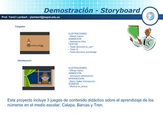 Demostración - Storyboard
Prof. Yamil Lambert - ylambert@espol.edu.ec


         Cargador


                                              ILUSTRACIONES
                                              - Dibujo marco
                                              ANIMACIÓN
                                              - Animación Cifra
                                              TEXTOS
                                              - Texto dinámico tx_car1
                                              - Texto %
                                              - Texto dinámico porcentaje


           Introducción


                                              ILUSTRACIONES
                                              - Dibujo marco
                                              ANIMACIÓN
                                              - Animación introducción
                                              INTERACCIÓN
                                              - Botón Saltar Introducción
                                              SONIDOS
                                              - Musica so_anous




    Este proyecto incluye 3 juegos de contenido didáctico sobre el aprendizaje de los
    números en el medio escolar: Calapa, Barcas y Tren.
 