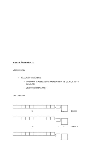 NUMERACIÒN HASTA EL 19:



MÀS NUMERITOS:



      •   TRABAJAMOS CON MATERIAL:

              AGRUPAMOS DE A 10 ELEMENTOS Y AGREGAMOS DE A 1, 2, 3, 4, 5, 6, 7, 8 Y 9
               ELEMENTOS

              ¿QUÈ NÙMERO FORMAMOS?



EN EL CUADERNO:




      •                                               +       =

                       10                                 +   6 =          DIECISEIS



      •                                               +       =



                       10                                 +   7   =        DIECISIETE



      •                                               +       =
 