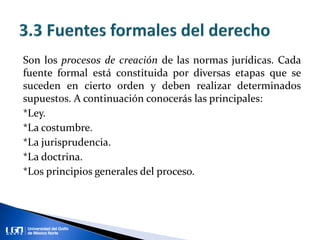 Son los procesos de creación de las normas jurídicas. Cada
fuente formal está constituida por diversas etapas que se
suceden en cierto orden y deben realizar determinados
supuestos. A continuación conocerás las principales:
*Ley.
*La costumbre.
*La jurisprudencia.
*La doctrina.
*Los principios generales del proceso.
