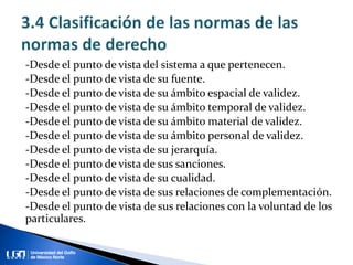 -Desde el punto de vista del sistema a que pertenecen.
-Desde el punto de vista de su fuente.
-Desde el punto de vista de su ámbito espacial de validez.
-Desde el punto de vista de su ámbito temporal de validez.
-Desde el punto de vista de su ámbito material de validez.
-Desde el punto de vista de su ámbito personal de validez.
-Desde el punto de vista de su jerarquía.
-Desde el punto de vista de sus sanciones.
-Desde el punto de vista de su cualidad.
-Desde el punto de vista de sus relaciones de complementación.
-Desde el punto de vista de sus relaciones con la voluntad de los
particulares.