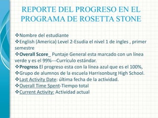 REPORTE DEL PROGRESO EN EL
PROGRAMA DE ROSETTA STONE
Nombre del estudiante
English (America) Level 2-Esudia el nivel 1 de ingles , primer
semestre
Overall Score_ Puntaje General esta marcado con un línea
verde y es el 99%---Currículo estándar.
Progress El progreso esta con la línea azul que es el 100%,
Grupo de alumnos de la escuela Harrisonburg High School.
Last Activity Date: última fecha de la actividad.
Overall Time Spent-Tiempo total
Current Activity: Actividad actual

 