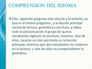 COMPRENSION DEL IDIOMA
Esta siguiente pregunta esta vincula a la anterior, ya
que es el mismo programa , y la lección principal
consta de lectura, gramática y escritura, y sobre
todo la pronunciación el grupo de quince
estudiantes lograron la escritura, mientras diez de
ellos, sacaron un cien porciento en la lección
principal, mientras que dos estudiantes no rindieron
en la lectura, y tres de ellos no comprendieron la
gramática.

 