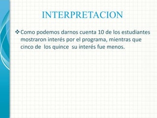 INTERPRETACION
Como podemos darnos cuenta 10 de los estudiantes
mostraron interés por el programa, mientras que
cinco de los quince su interés fue menos.

 