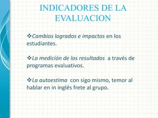 INDICADORES DE LA
EVALUACION
Cambios logrados e impactos en los
estudiantes.
La medición de los resultados a través de
programas evaluativos.
La autoestima con sigo mismo, temor al
hablar en in inglés frete al grupo.

 