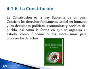 La Constitución Política de los Estado s Unidos
Mexicanos contiene los siguientes elementos:
 