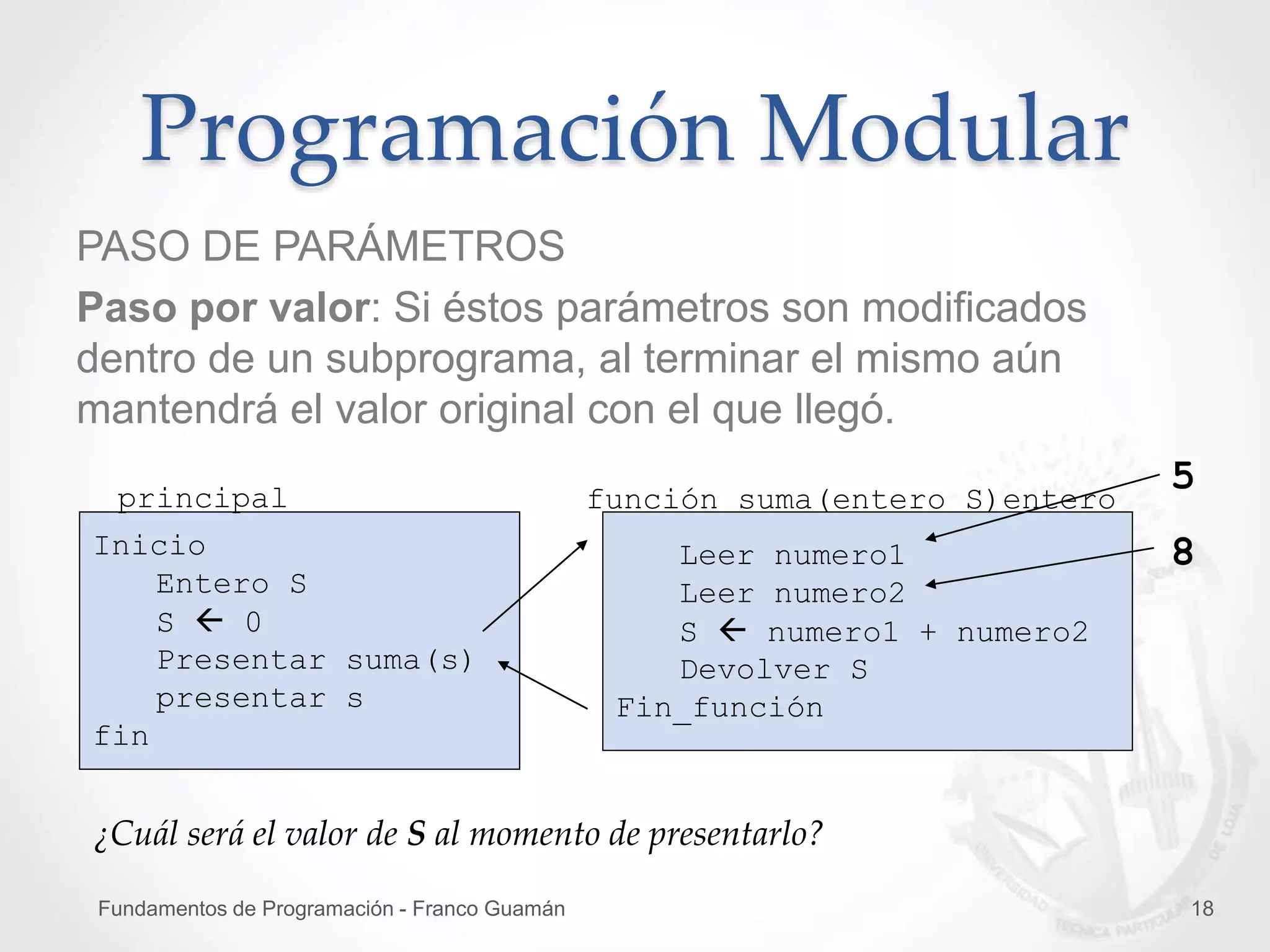 Fundamentos de Programación - Franco Guamán 18
Programación Modular
PASO DE PARÁMETROS
Paso por valor: Si éstos parámetros son modificados
dentro de un subprograma, al terminar el mismo aún
mantendrá el valor original con el que llegó.
Inicio
Entero S
S  0
Presentar suma(s)
presentar s
fin
Leer numero1
Leer numero2
S  numero1 + numero2
Devolver S
Fin_función
principal función suma(entero S)entero
5
8
¿Cuál será el valor de S al momento de presentarlo?
 