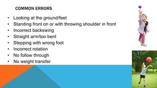 COMMON ERRORS
• Looking at the ground/feet
• Standing front on or with throwing shoulder in front
• Incorrect backswing
• Straight arm/too bent
• Stepping with wrong foot
• Incorrect rotation
• No follow through
• No weight transfer
 