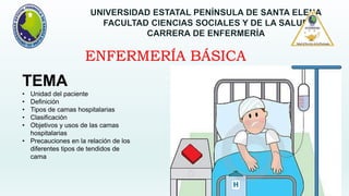 ENFERMERÍA BÁSICA
TEMA
• Unidad del paciente
• Definición
• Tipos de camas hospitalarias
• Clasificación
• Objetivos y usos de las camas
hospitalarias
• Precauciones en la relación de los
diferentes tipos de tendidos de
cama
 