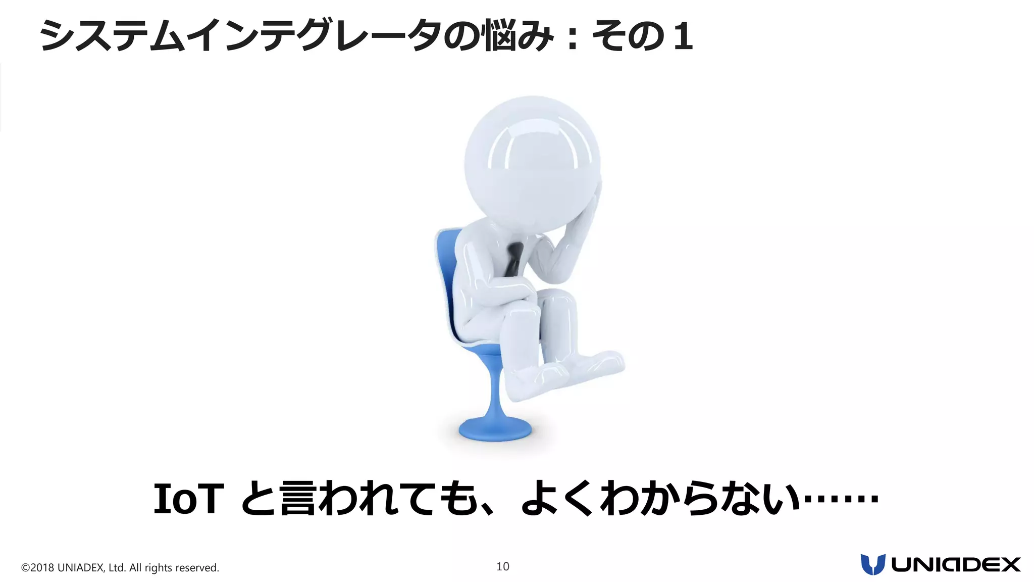 ©2018 UNIADEX, Ltd. All rights reserved. 10
IoT と言われても、よくわからない……
システムインテグレータの悩み：その１
 