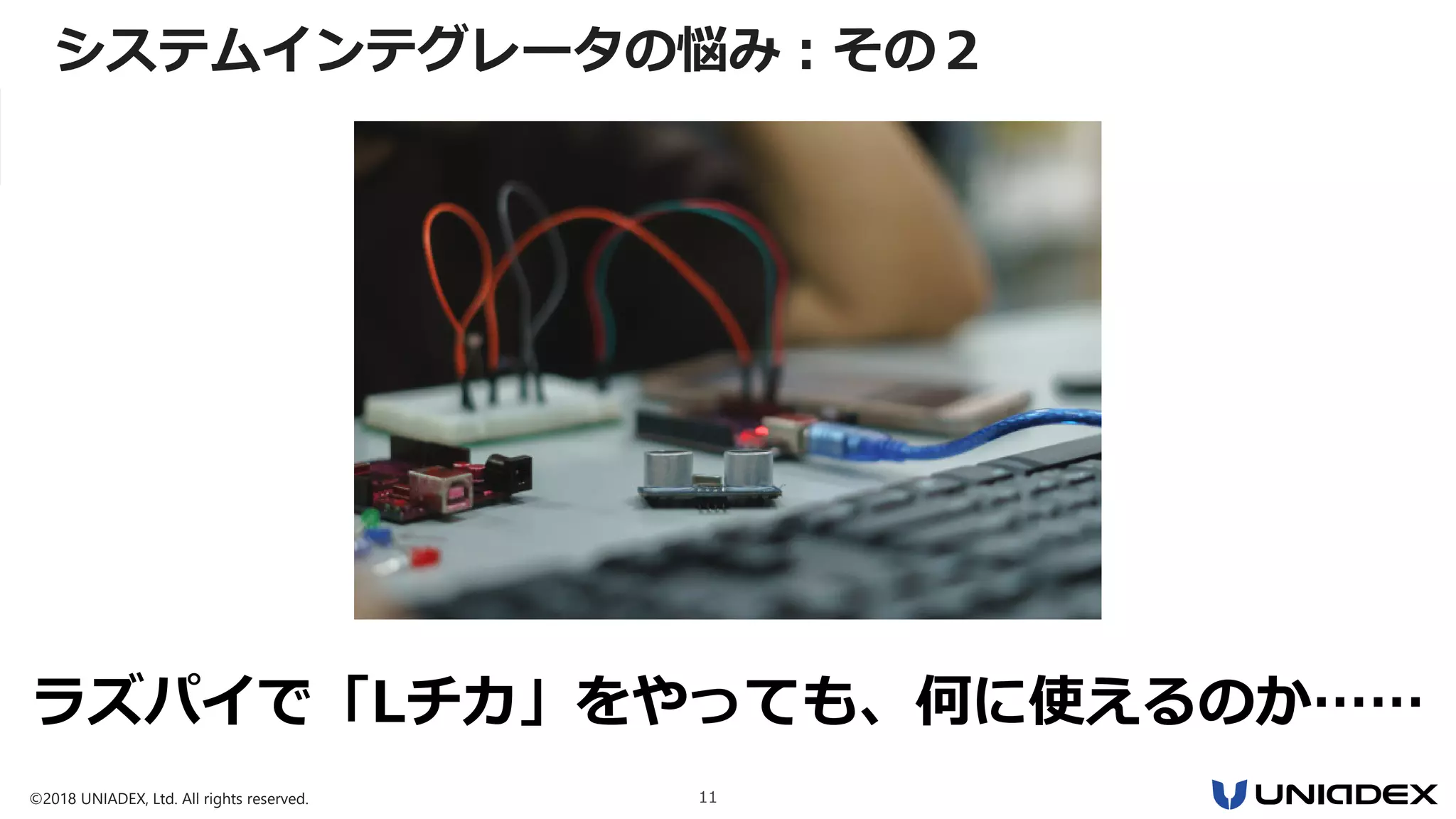 ©2018 UNIADEX, Ltd. All rights reserved. 11
ラズパイで「Lチカ」をやっても、何に使えるのか……
システムインテグレータの悩み：その２
 