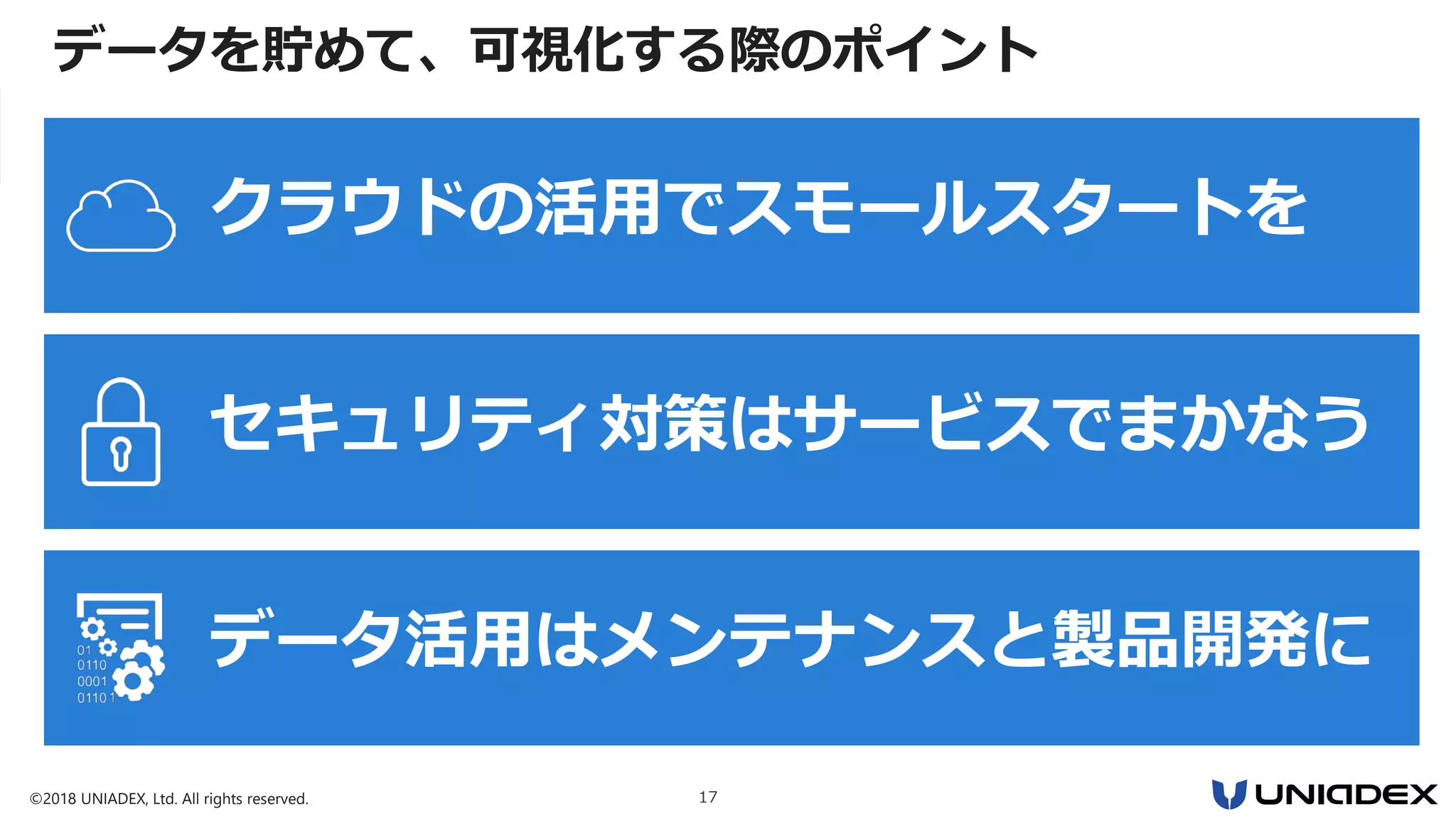 ©2018 UNIADEX, Ltd. All rights reserved. 17
データを貯めて、可視化する際のポイント
クラウドの活用でスモールスタートを
セキュリティ対策はサービスでまかなう
データ活用はメンテナンスと製品開発に
 