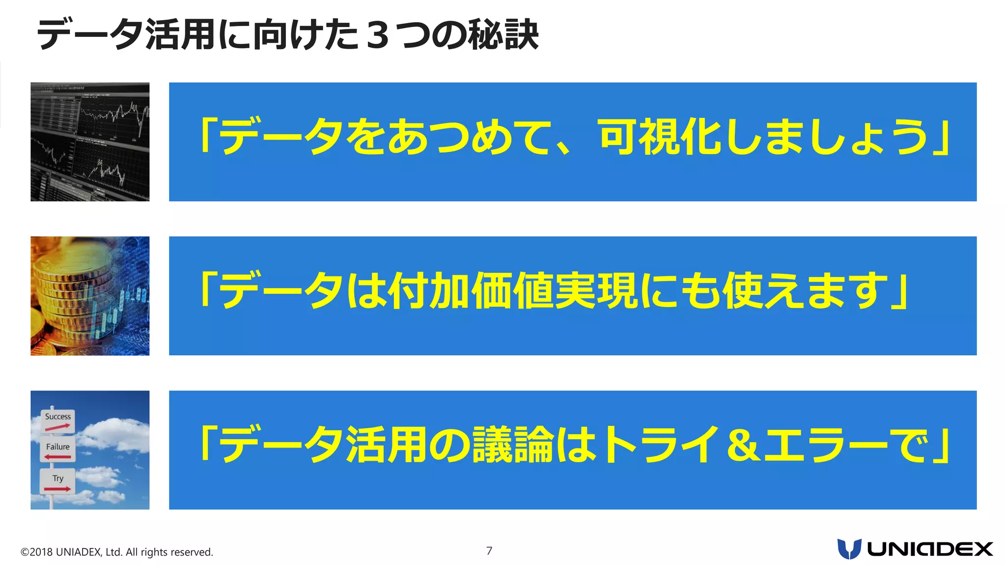 ©2018 UNIADEX, Ltd. All rights reserved. 7
「データをあつめて、可視化しましょう」
「データは付加価値実現にも使えます」
「データ活用の議論はトライ＆エラーで」
データ活用に向けた３つの秘訣
 
