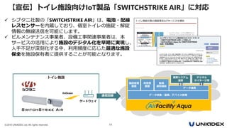 ©2018 UNIADEX, Ltd. All rights reserved. 18
データ収集・蓄積、デバイス管理
業務システム
連携
デジタル
サイネージ等
施設管理
画面
利用者
画面
監視
通知機能
データ連携
ゲートウェイ
トイレ施設
EnOcean
通信回線
 シブタニ社製の「SWITCHSTRIKE AIR」は、電池・配線
レスセンサーを内蔵しており、個室トイレの施錠・解錠
情報の無線送信を可能にします。
 ビルメンテナンス事業者、設備工事関連事業者は、本
サービスの活用により施設のデジタル化を早期に実現し、
人手不足が深刻化する中、利用頻度に応じた最適な施設
保全を施設保有者に提供することが可能となります。
【宣伝】トイレ施設向けIoT製品「SWITCHSTRIKE AIR」に対応
 