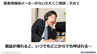 ©2018 UNIADEX, Ltd. All rights reserved. 21
製品が壊れると、いつでもどこからでも呼ばれる…
産業用機械メーカーからいただくご相談：その１
 