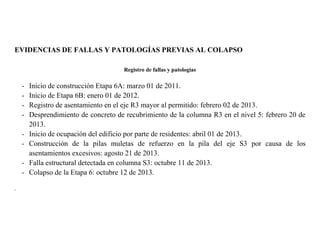 EVIDENCIAS DE FALLAS Y PATOLOGÍAS PREVIAS AL COLAPSO
Registro de fallas y patologías
- Inicio de construcción Etapa 6A: ma...
