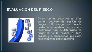 • Es uno de los pasos que se utiliza
en un proceso de gestión de
riesgos. El riesgo se evalúa
mediante la medición de los dos
parámetros que lo determinan, la
magnitud de la pérdida o daño
posible, y la probabilidad que dicha
pérdida o daño llegue a ocurrir.
 