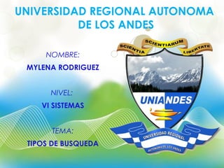 NOMBRE:
MYLENA RODRIGUEZ
NIVEL:
VI SISTEMAS
TEMA:
TIPOS DE BUSQUEDA
UNIVERSIDAD REGIONAL AUTONOMA
DE LOS ANDES
 