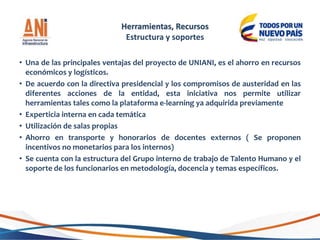• Una de las principales ventajas del proyecto de UNIANI, es el ahorro en recursos
económicos y logísticos.
• De acuerdo con la directiva presidencial y los compromisos de austeridad en las
diferentes acciones de la entidad, esta iniciativa nos permite utilizar
herramientas tales como la plataforma e-learning ya adquirida previamente
• Experticia interna en cada temática
• Utilización de salas propias
• Ahorro en transporte y honorarios de docentes externos ( Se proponen
incentivos no monetarios para los internos)
• Se cuenta con la estructura del Grupo interno de trabajo de Talento Humano y el
soporte de los funcionarios en metodología, docencia y temas específicos.
Herramientas, Recursos
Estructura y soportes
 